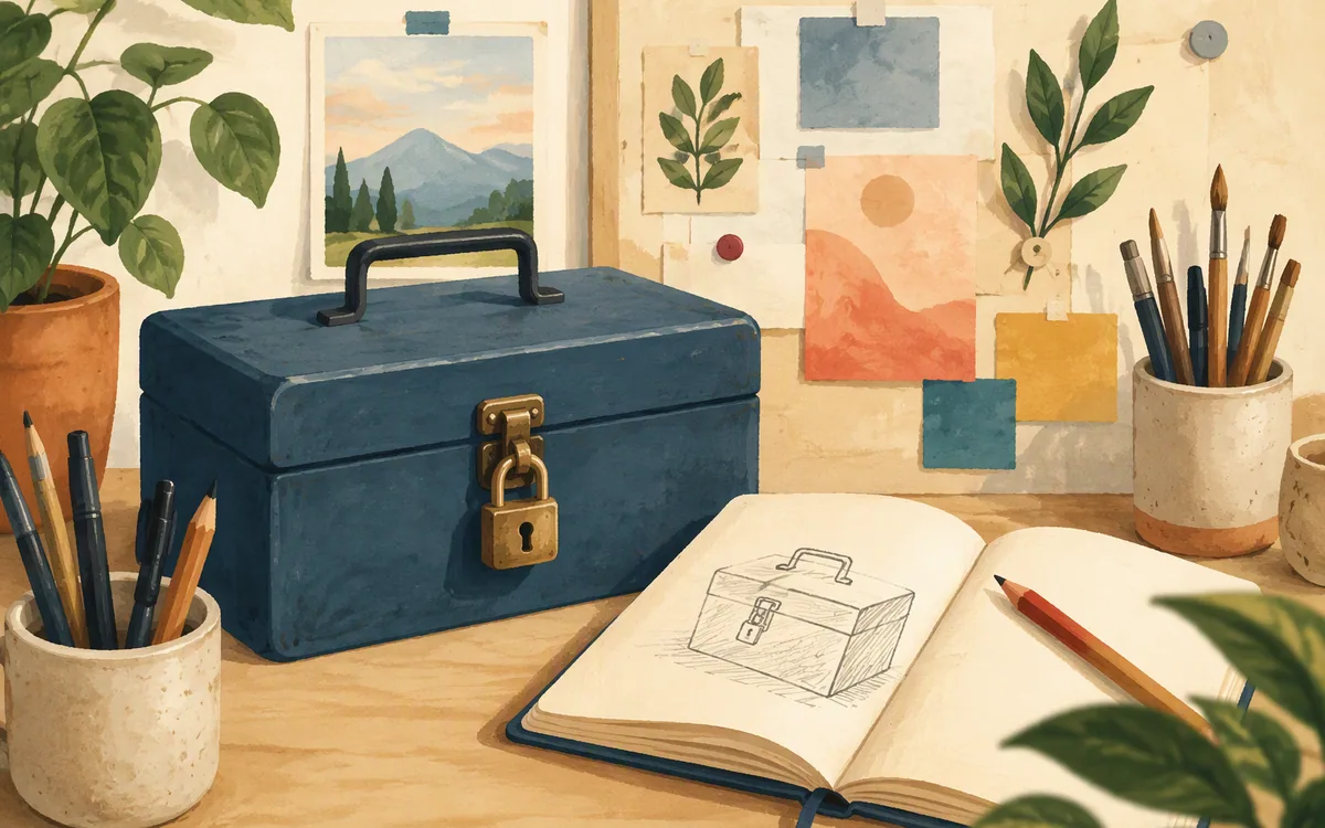 A locked toolbox beside an open notebook with a sketch
