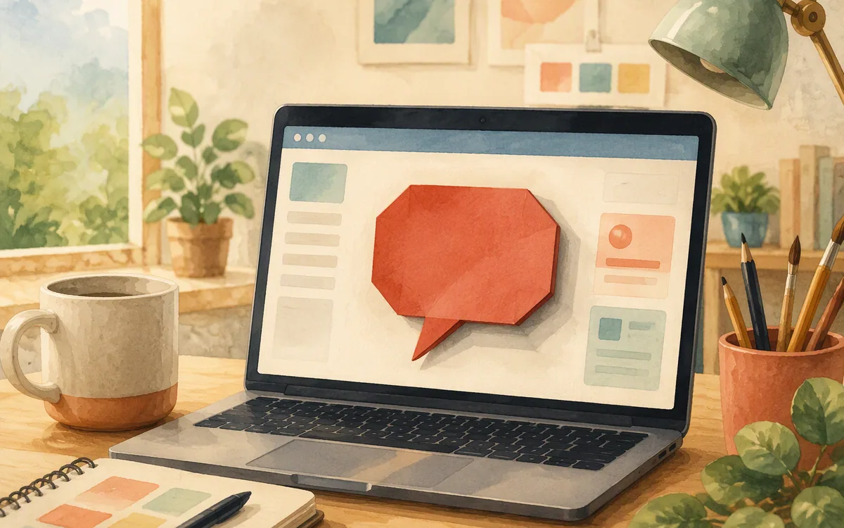 A paper speech bubble resting on a blank screen mockup