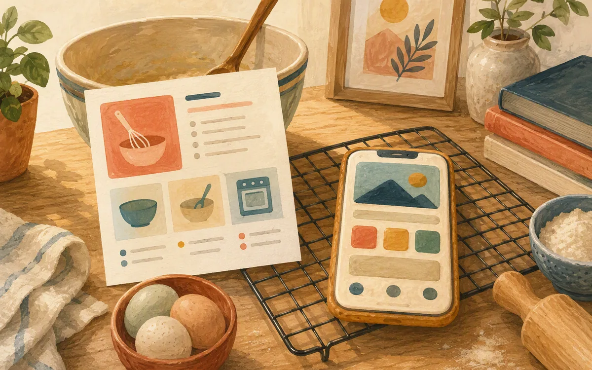 A recipe card and mixing bowl beside a cooling phone-shaped screen mockup