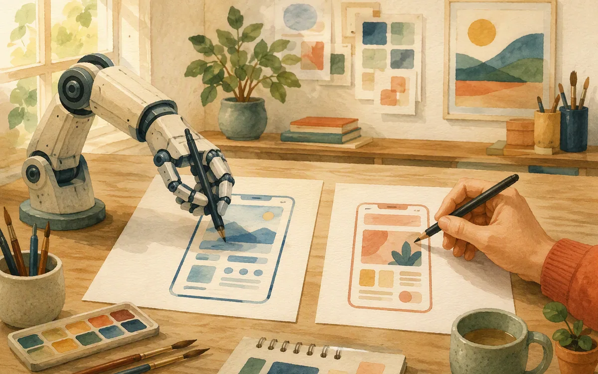 Mechanical arm and human hand both sketching a phone shape