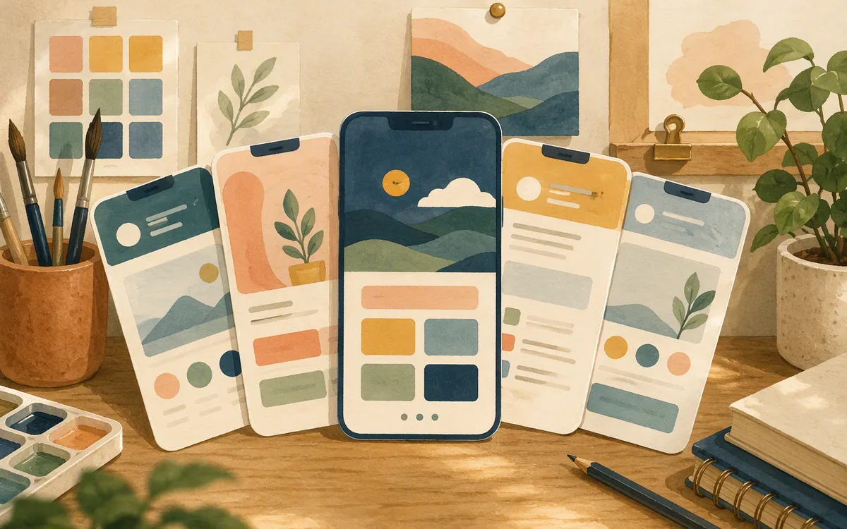Fan of phone-shaped cards on a desk