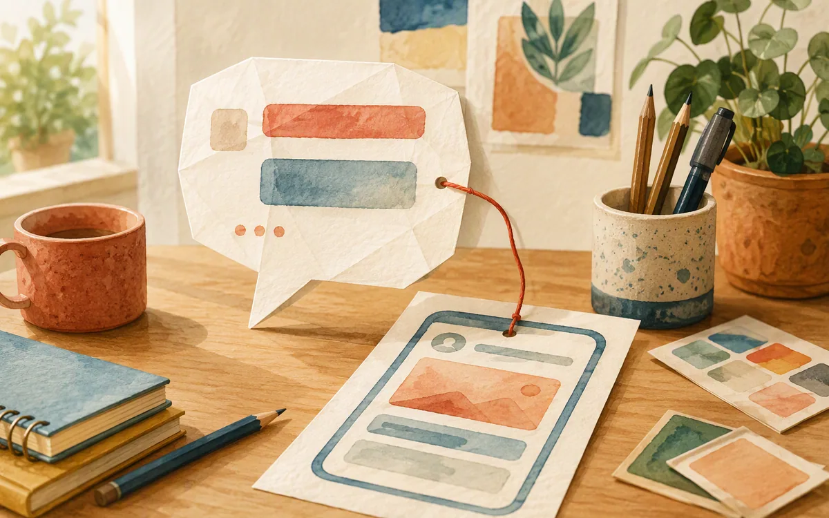 Paper speech bubble connected by thread to a phone screen printout