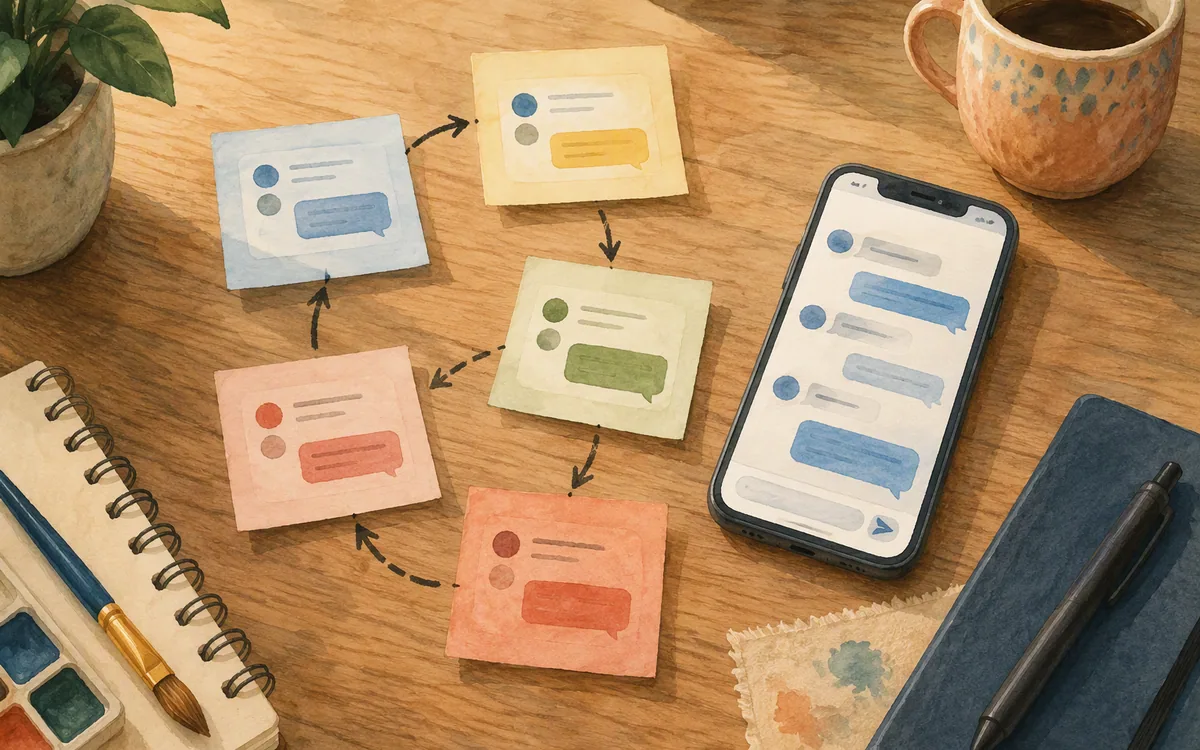 Sticky notes with arrows connecting to a printed phone screen