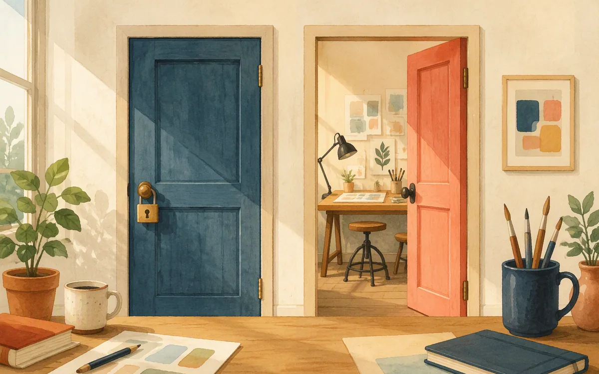 Locked door and open door leading to design desks