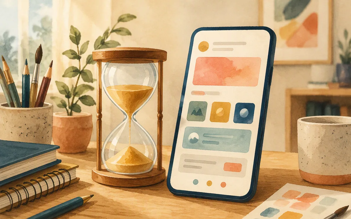 Hourglass beside a phone-shaped mockup card