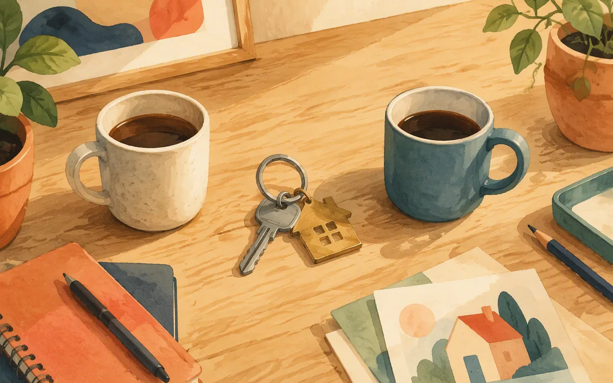A shared key resting between two coffee mugs on a table