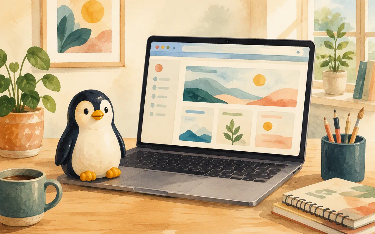 Penguin figurine beside an open laptop on a desk