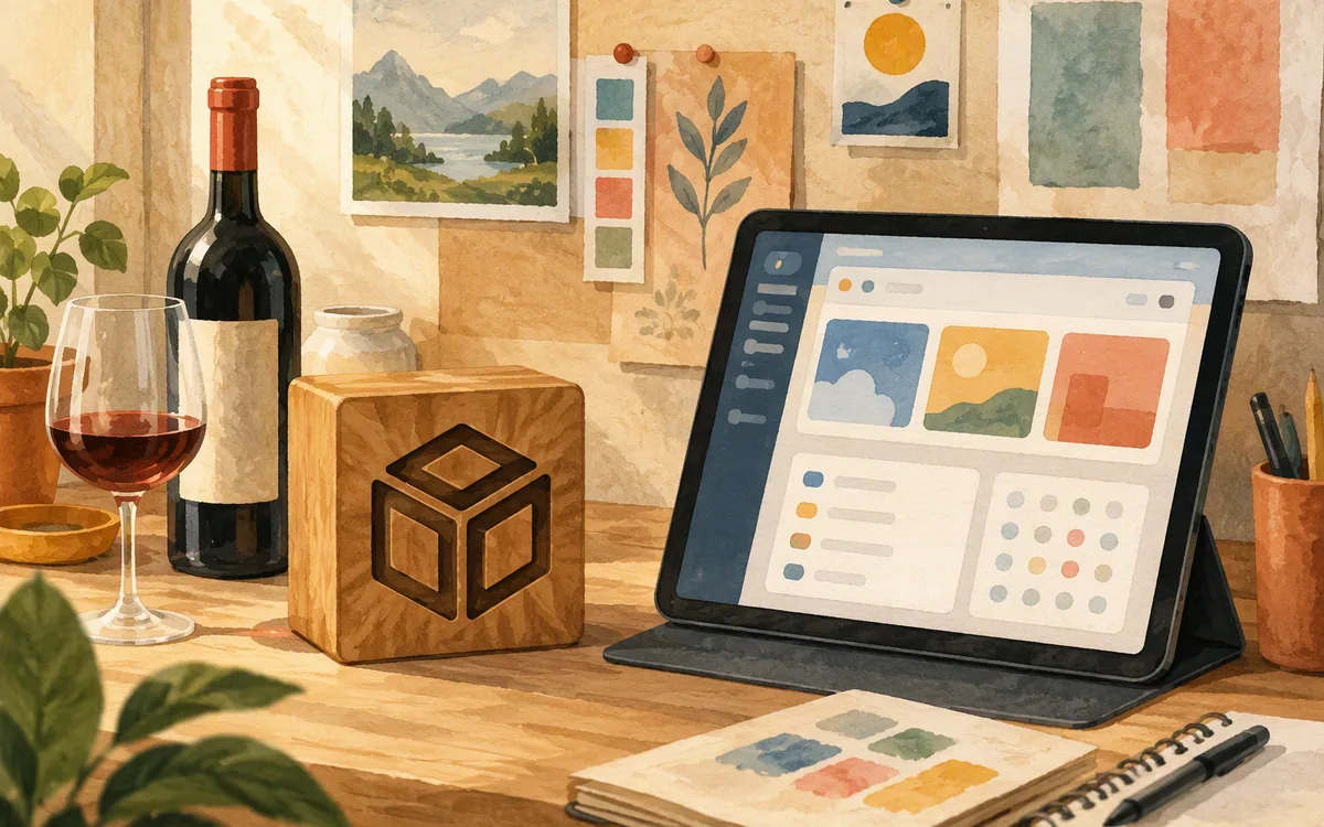 Wine glass and wooden VM box next to a clean tablet