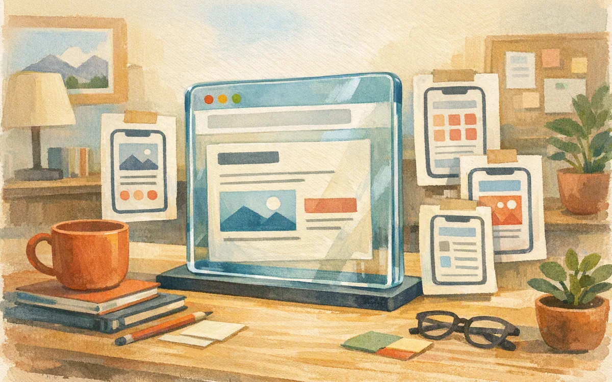 Glass browser window standing among taped mobile screen sketches