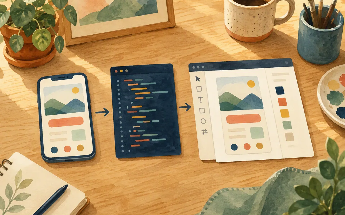 A phone-shaped mockup passing directly from a native desktop icon into a folder marked with a code bracket and a Figma-style diamond, no detours drawn