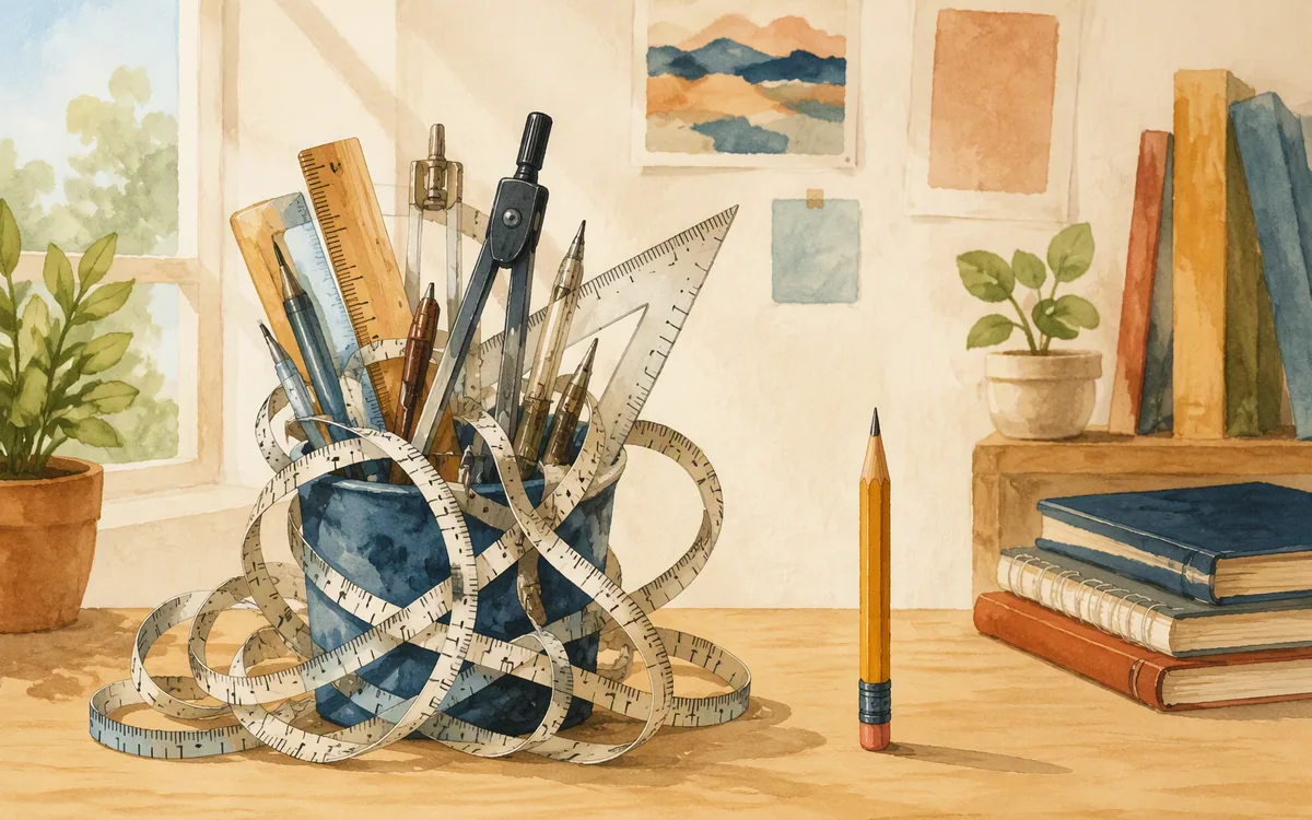 Tangled drafting tools beside a single pencil
