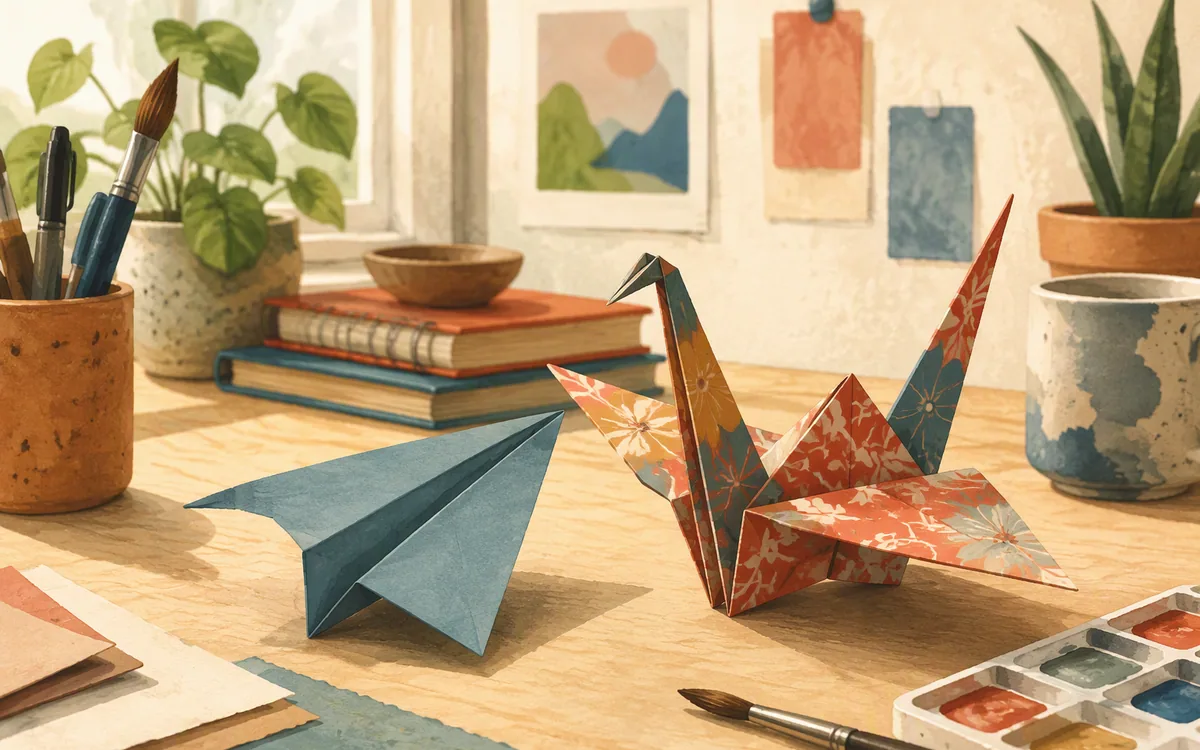 A paper airplane beside an intricate origami crane