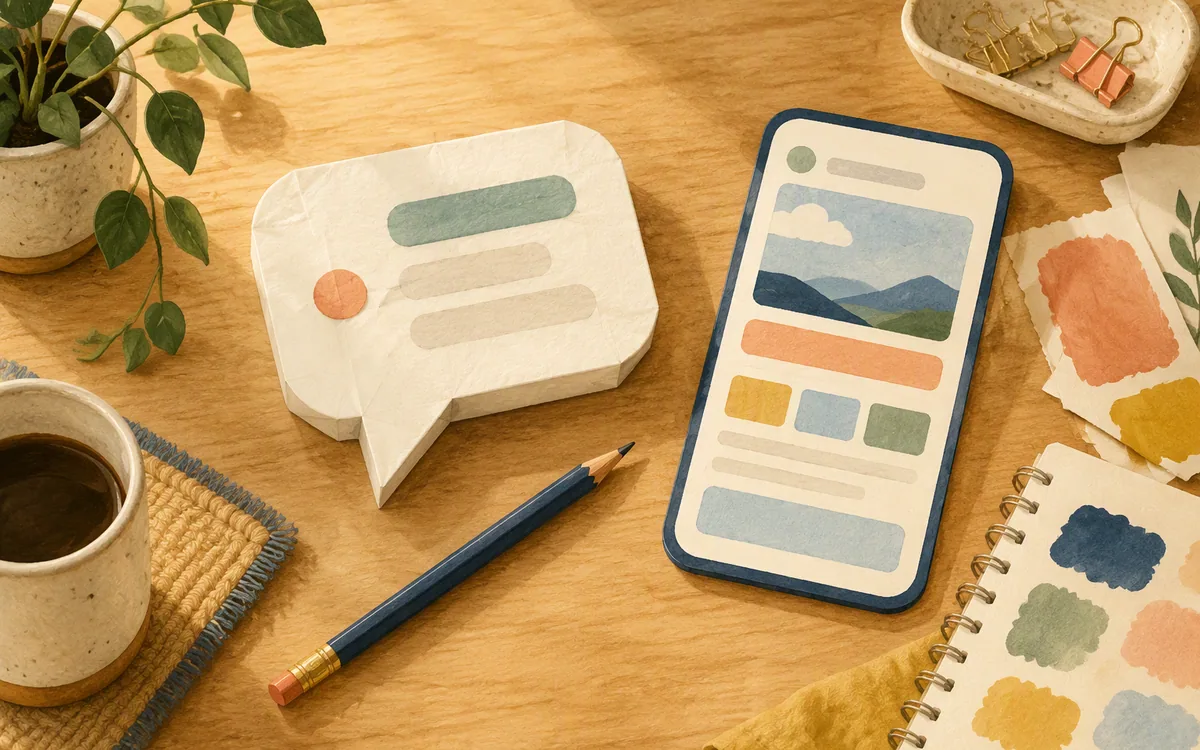 Folded paper chat bubble beside a phone screen mockup on a desk