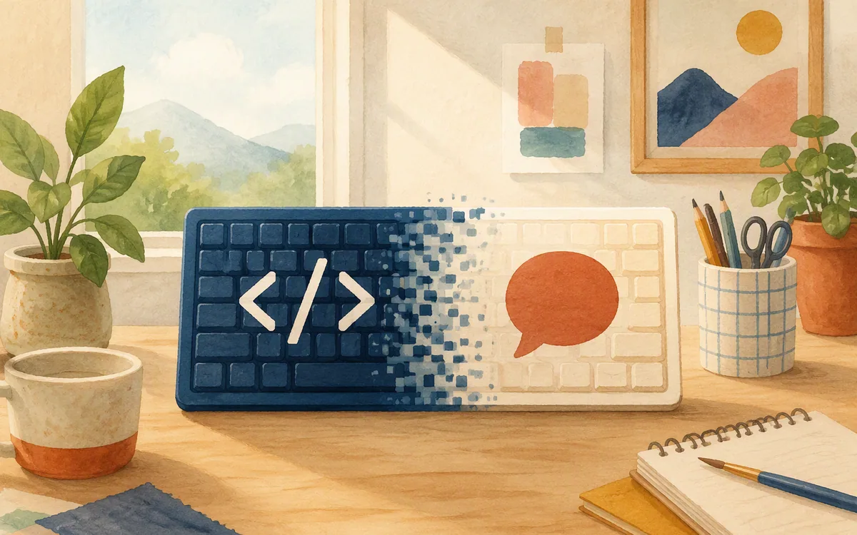 Code brackets dissolving into a speech bubble icon