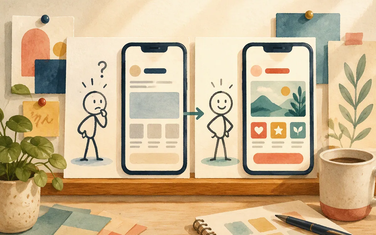 Two figures reacting differently to the same mobile screen mockup