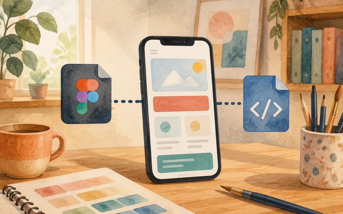 Phone mockup with two export paths, one to a design file and one to code