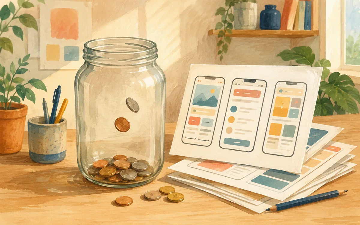 Jar of coins emptying beside sketched app screens representing credit consumption