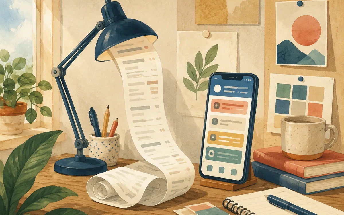 Long unrolling receipt beside a phone mockup