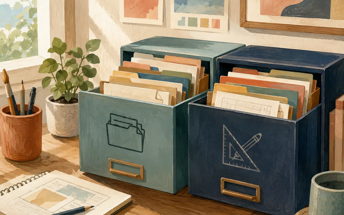 Two open file cabinets representing raw export versus editable design file