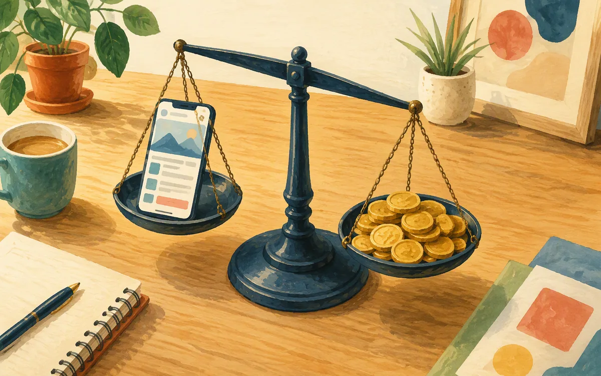 Balance scale weighing a phone mockup against a pile of coins