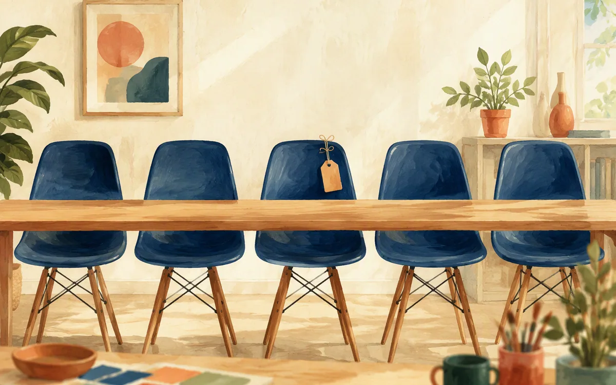 Chairs around a table with a single price tag hanging from one