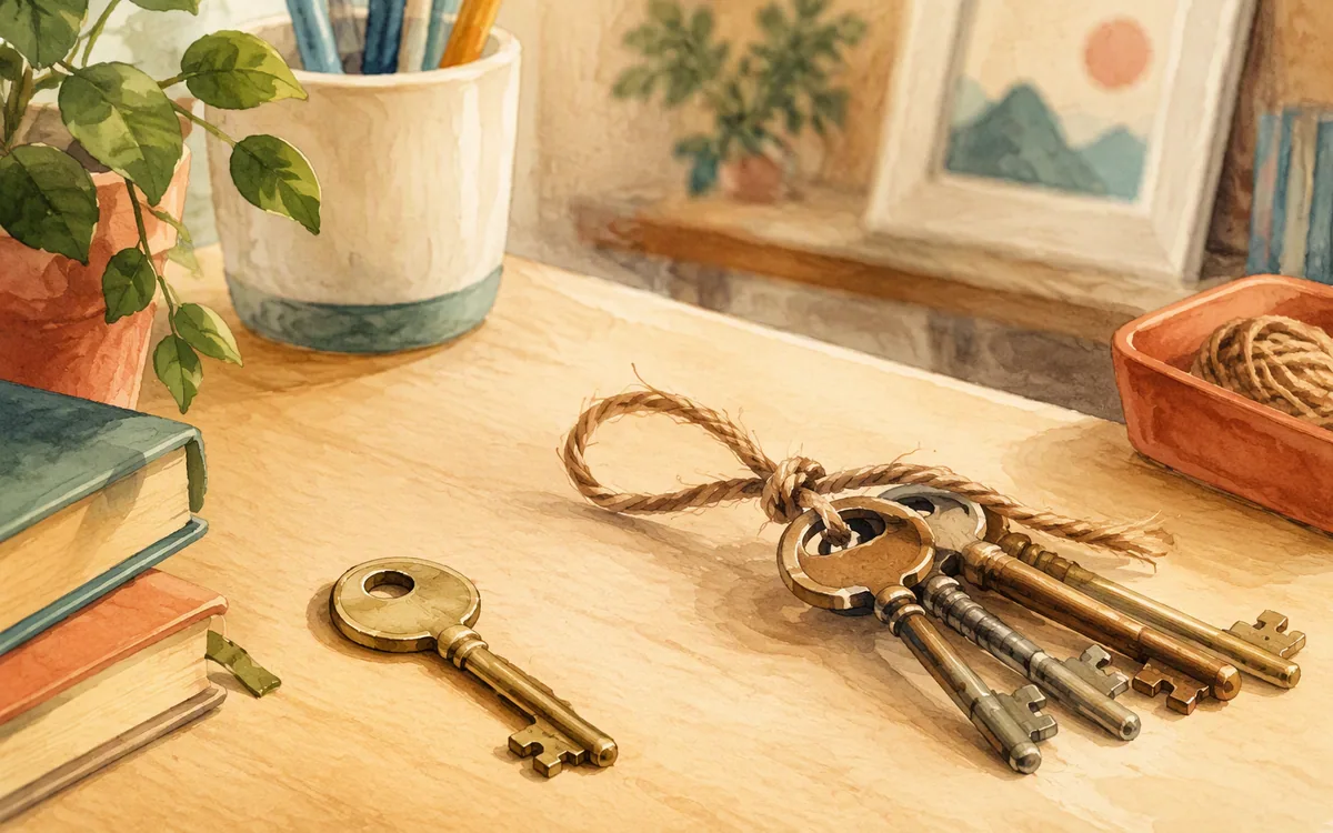 A lone key beside a bundle of keys tied with string