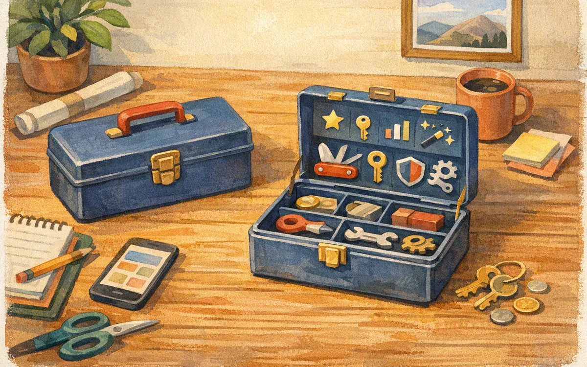 Two toolboxes on a desk, one open revealing extra tools