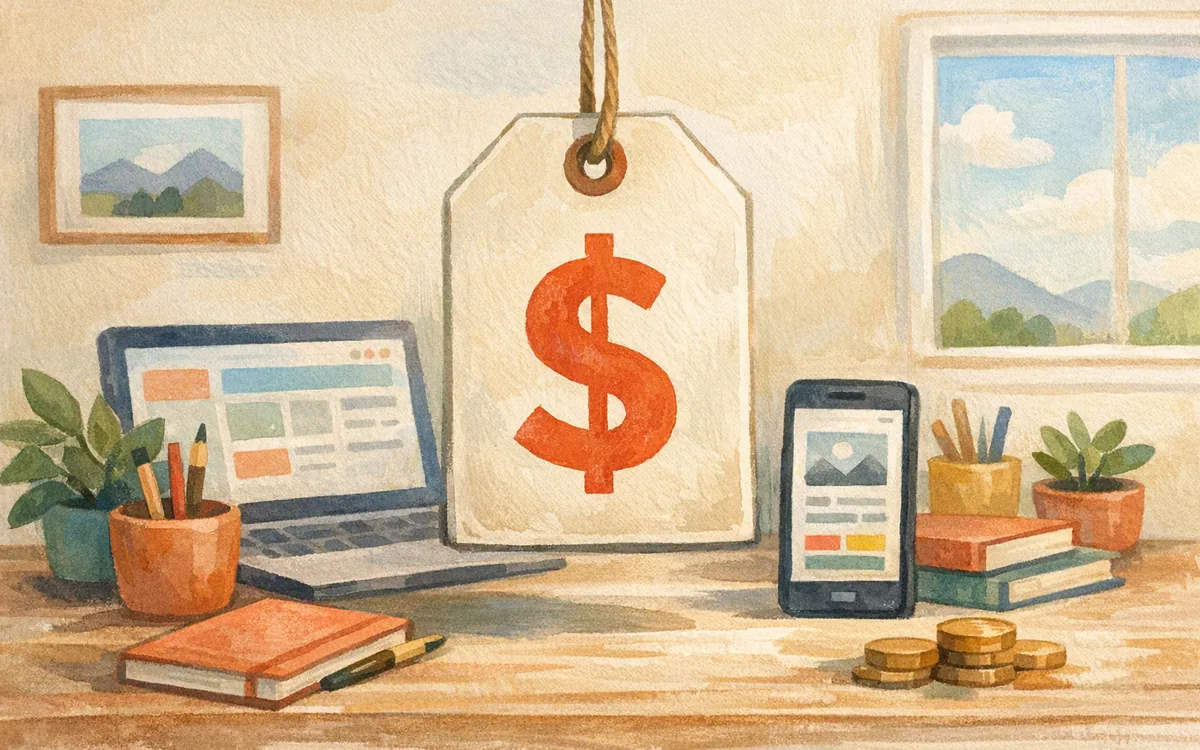 Price tag being raised on a string above miniature desk props