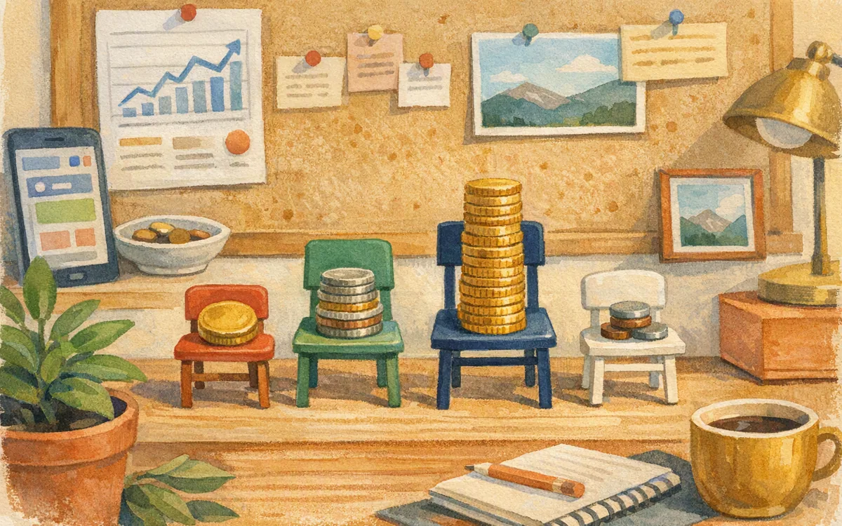 Row of miniature chairs with varying coin stacks representing per-seat cost