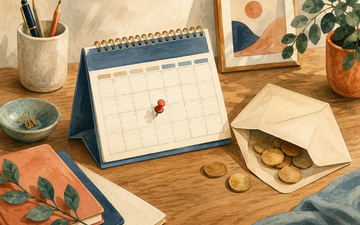A calendar with a marked date beside an envelope spilling coins
