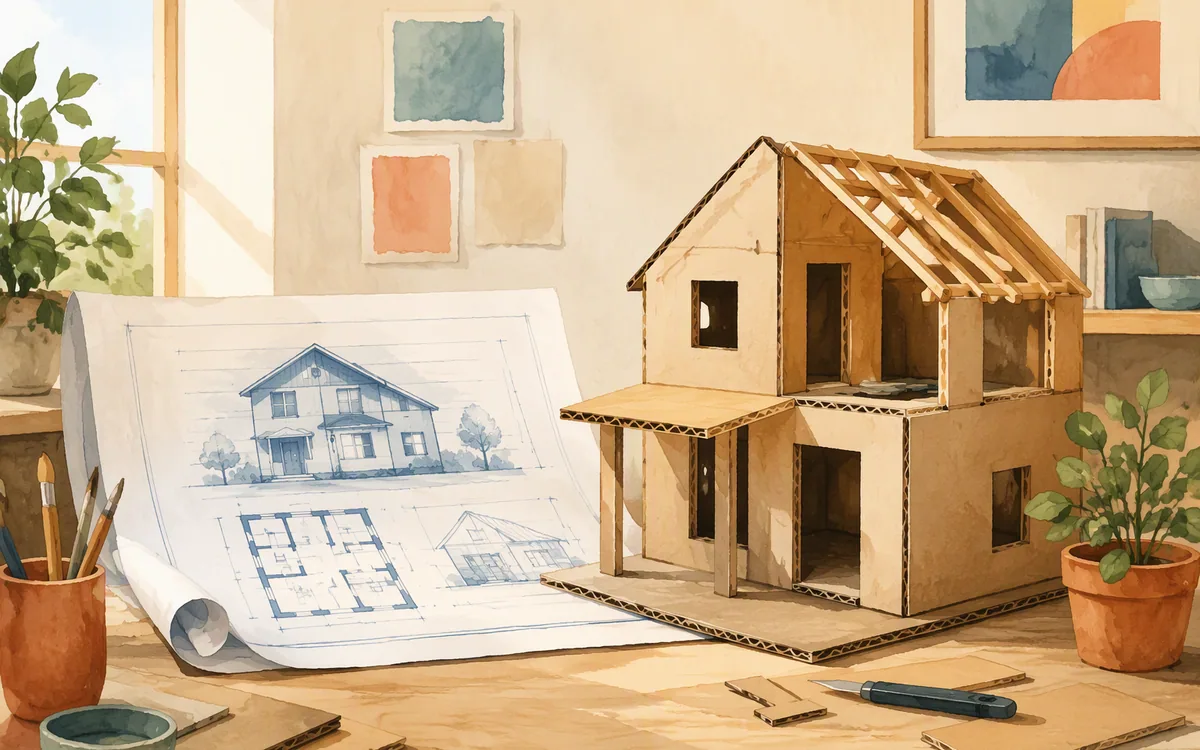 A blueprint beside a partially built cardboard model