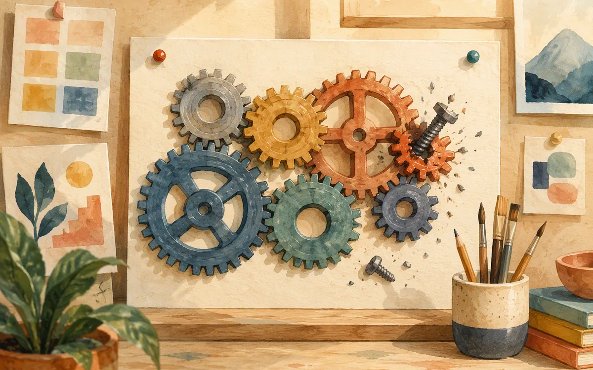 Gears meshing cleanly next to a jammed gear