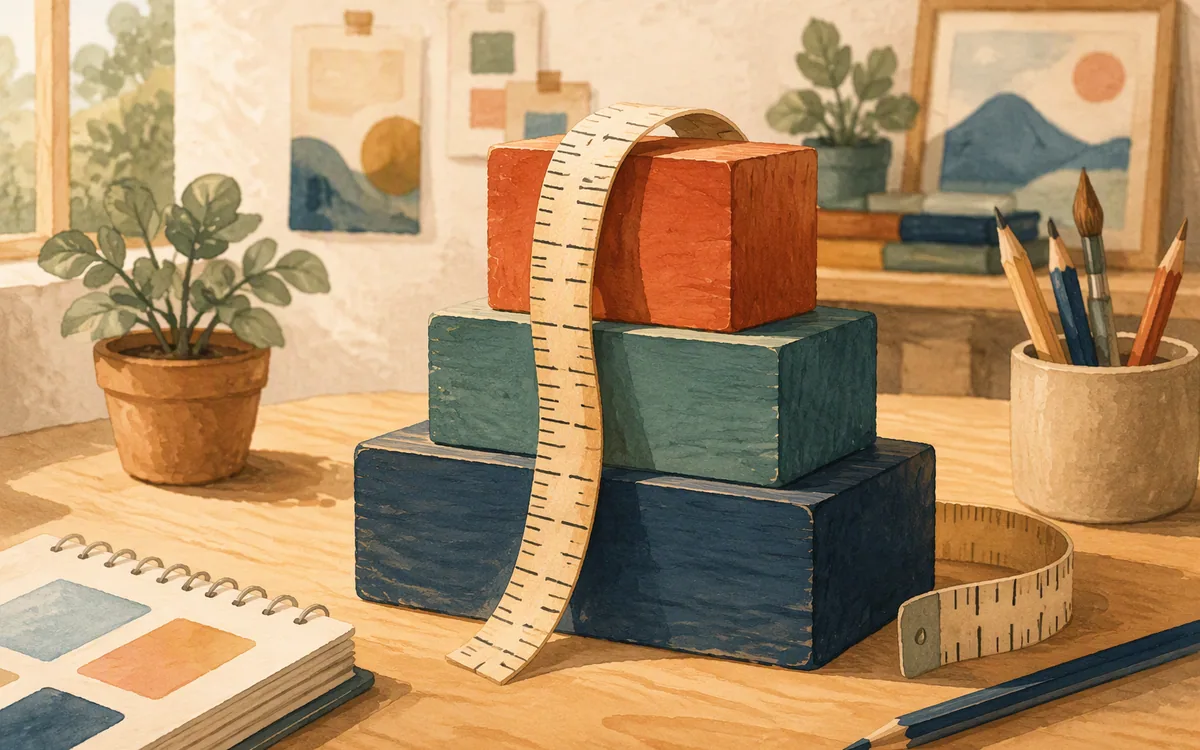 A measuring tape over stacked blocks of varying sizes