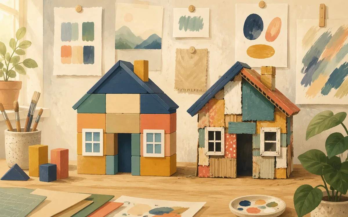 Two toy houses built from different quality materials