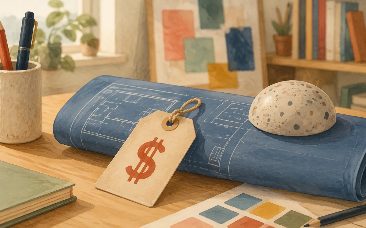 Price tag on a folded blueprint