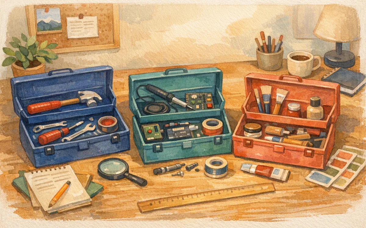 Three open toolboxes on a bench, each arranged with different tools