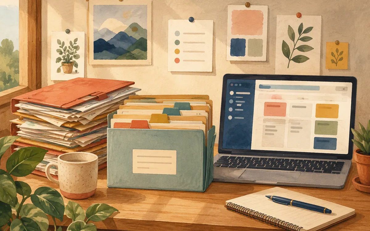 One organized and one messy folder stack beside a laptop