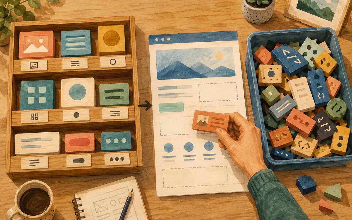 A shelf of labeled blocks beside a jumbled bin of mismatched blocks, a hand comparing shapes