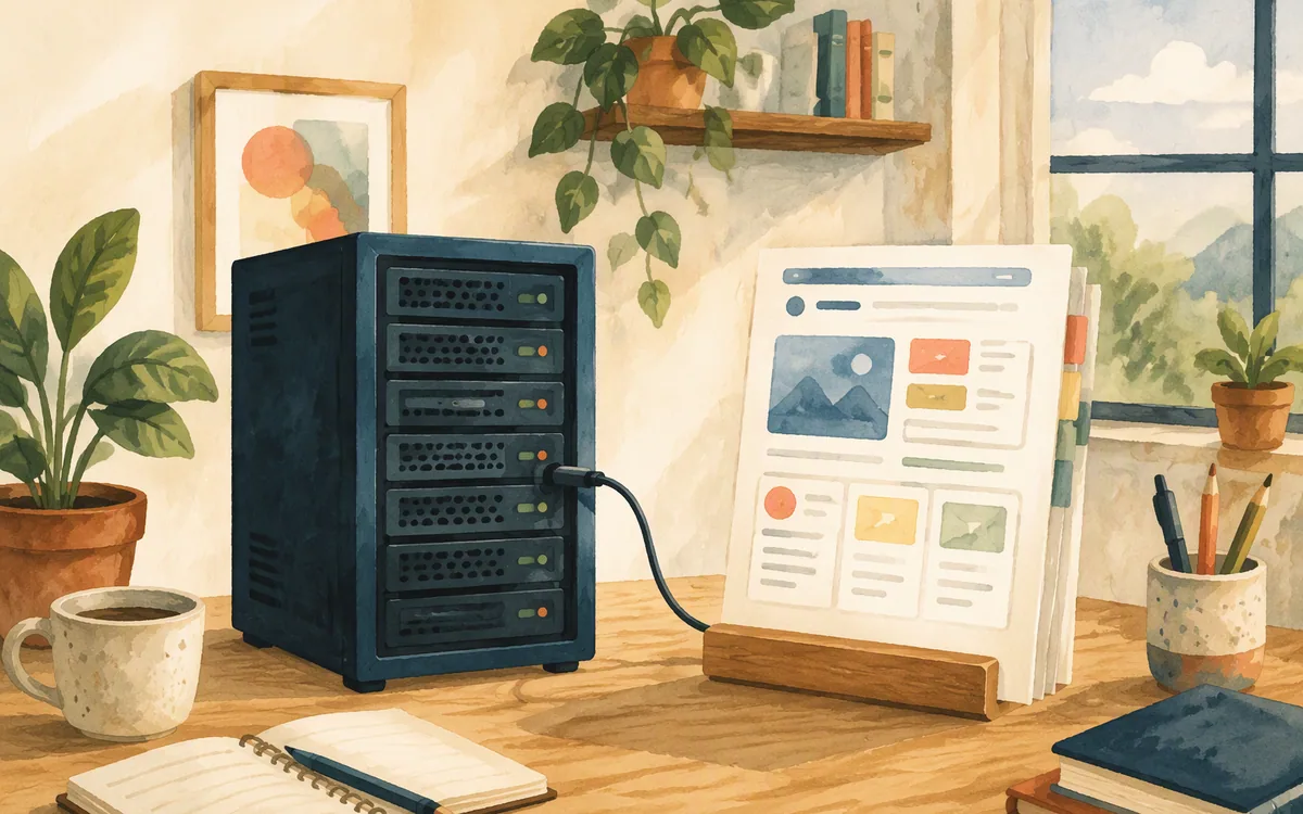Miniature server rack connected by wire to paper screen mockups