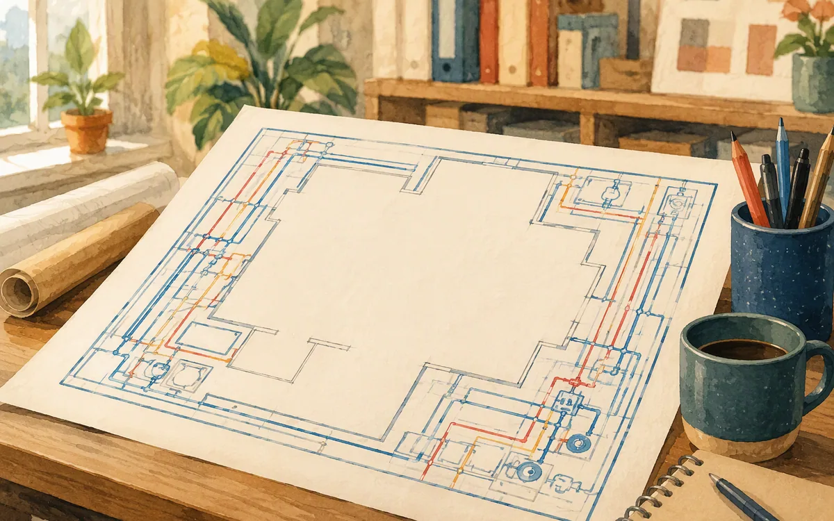 Blueprint with detailed wiring but blank room outlines