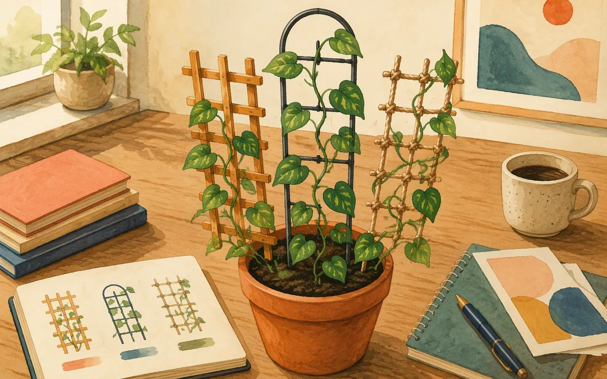 A potted plant growing through three differently shaped trellis frames