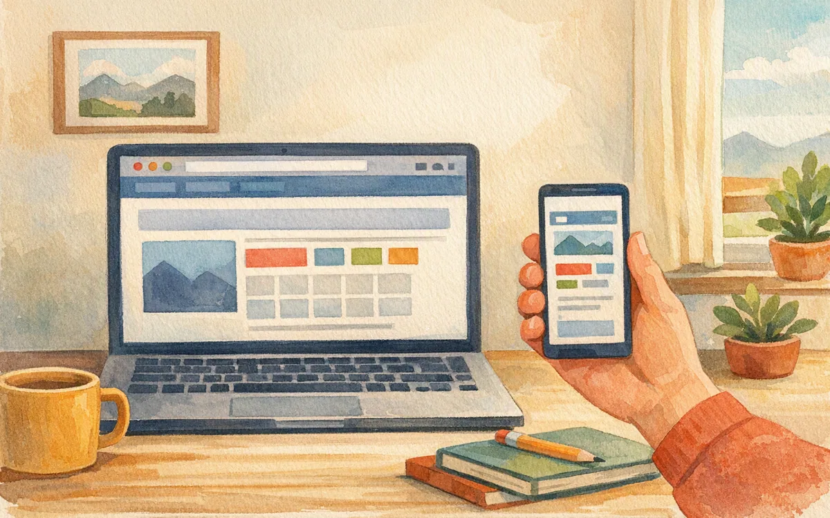 A wide browser frame beside a narrow phone-shaped card on a desk