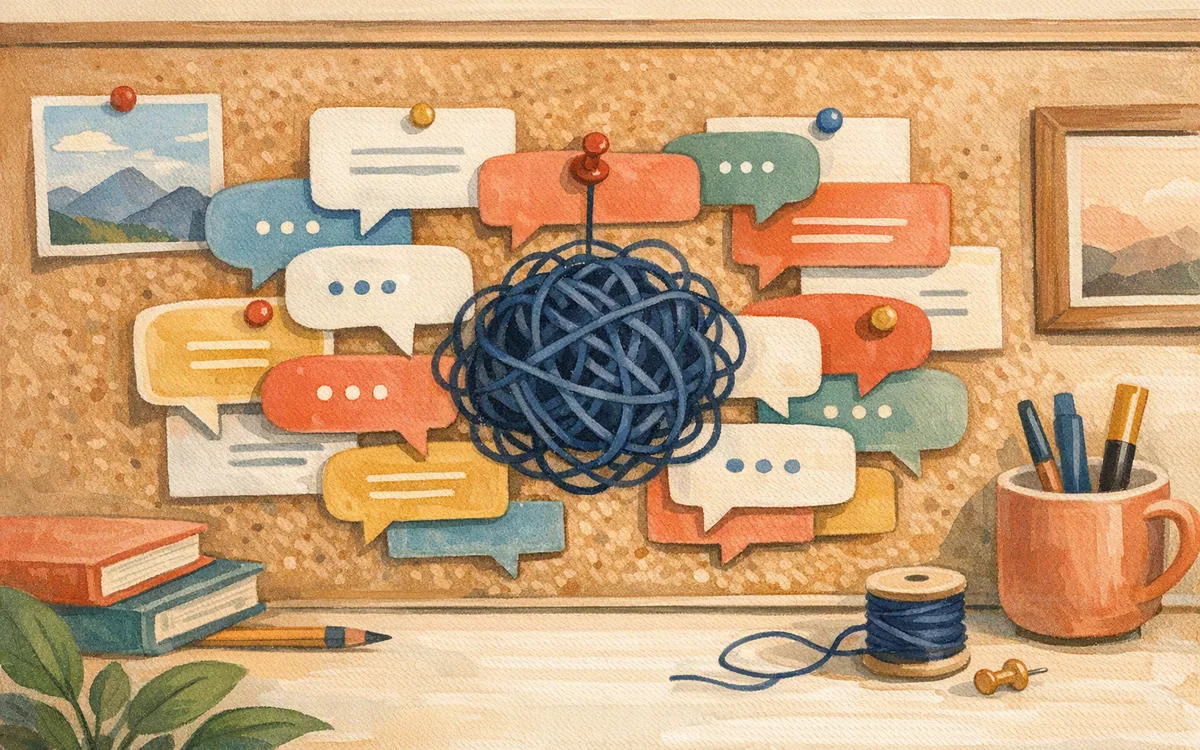 Speech bubble cutouts pinned around a tangled knot of thread
