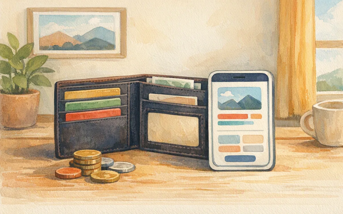 Open wallet with coins beside a phone-shaped card mockup