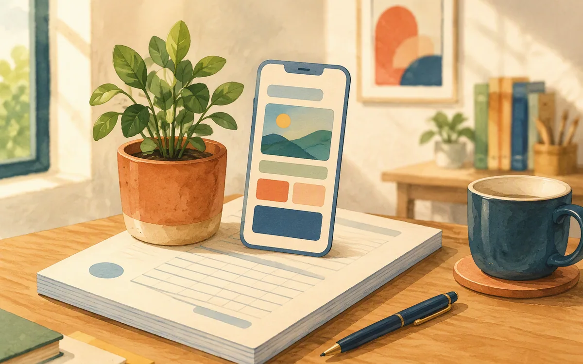 Potted plant and phone-shaped paper cutout on a blank notepad