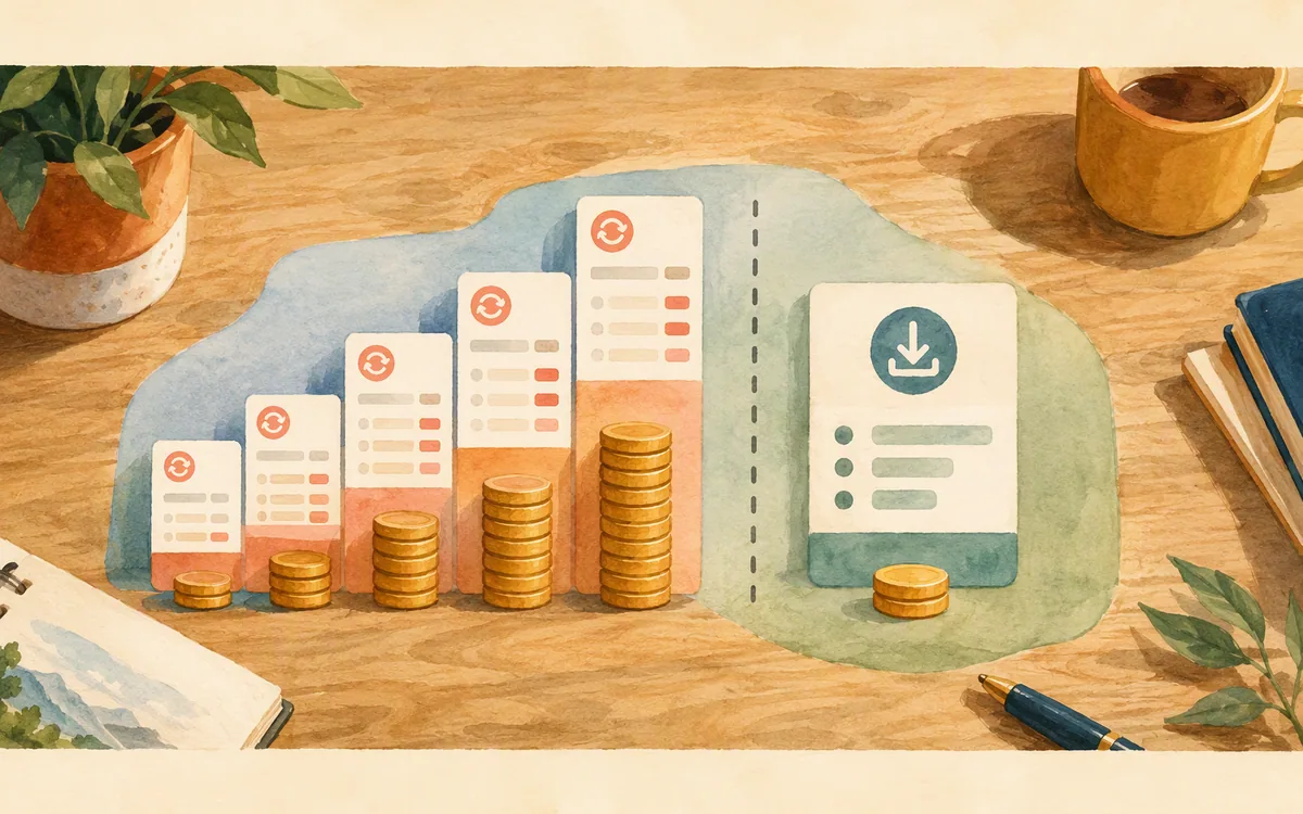 A tall stack of coins growing taller each month drawn as a staircase, next to a single small coin sitting beside a phone-shaped paper cutout