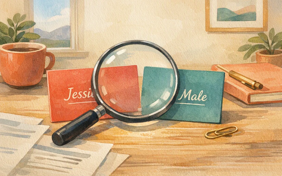 Two similar business cards under a magnifying glass
