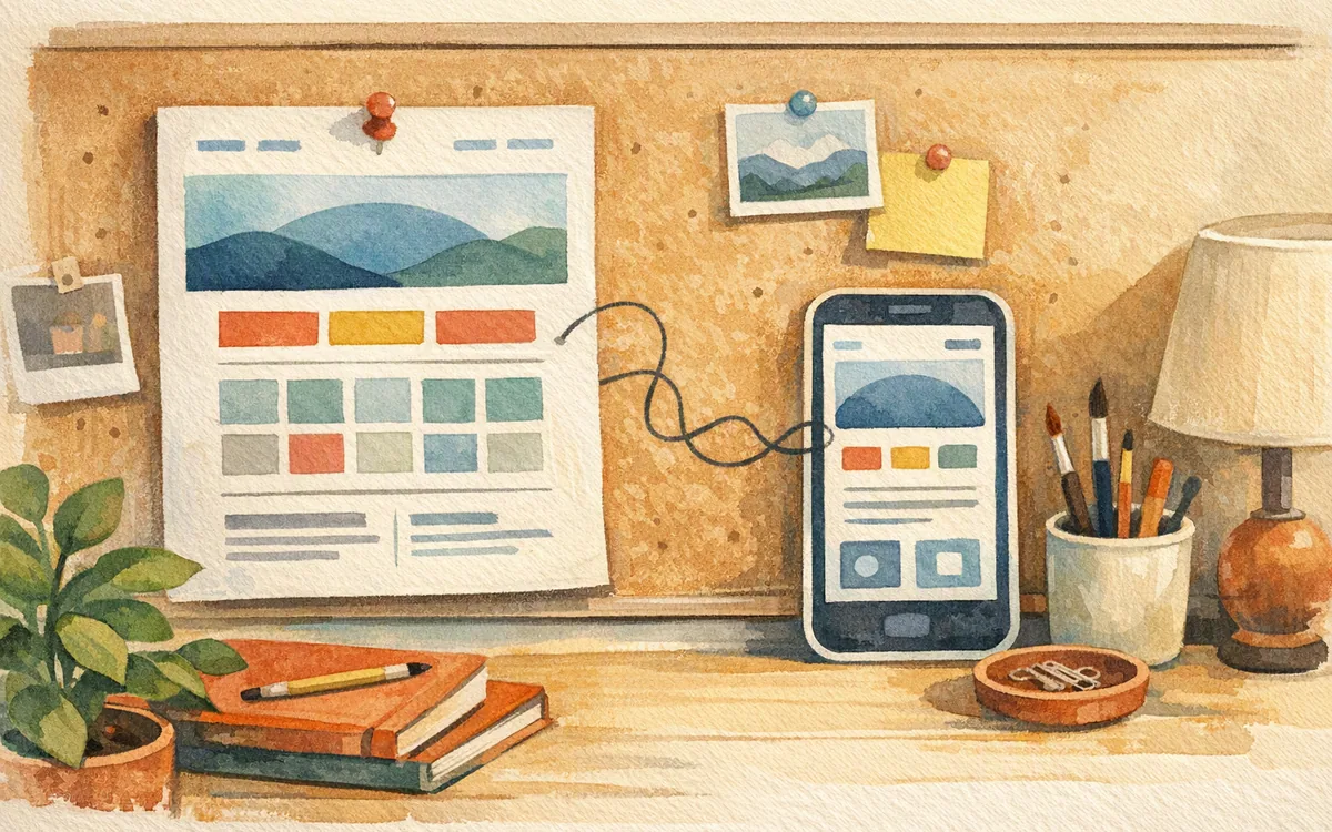A website mockup pinned next to a phone cutout connected by thread