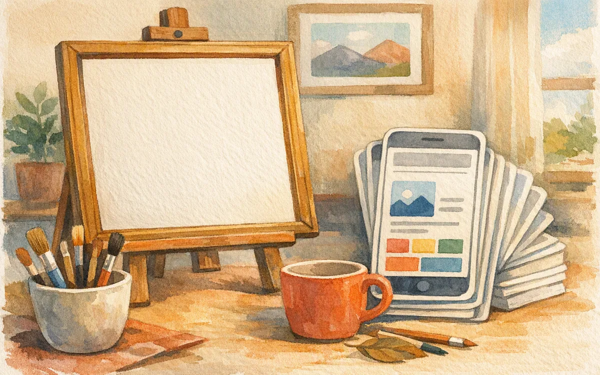 An empty frame on an easel beside blank phone-shaped cards