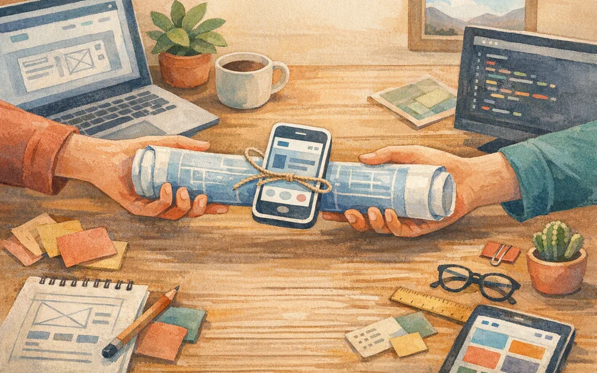 A rolled blueprint tied with string passed between two desks with a phone-shaped cutout on top